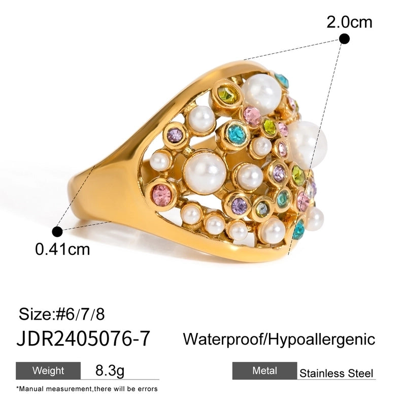 Exaggerated Geometric 304 Stainless Steel Pearl Zircon Gold Plated Plating Inlay Open Rings