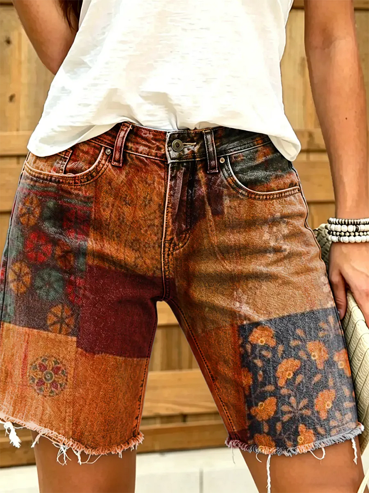 Women's Hippie-Style Floral Patchwork Artistic Print Fashion Denim Shorts