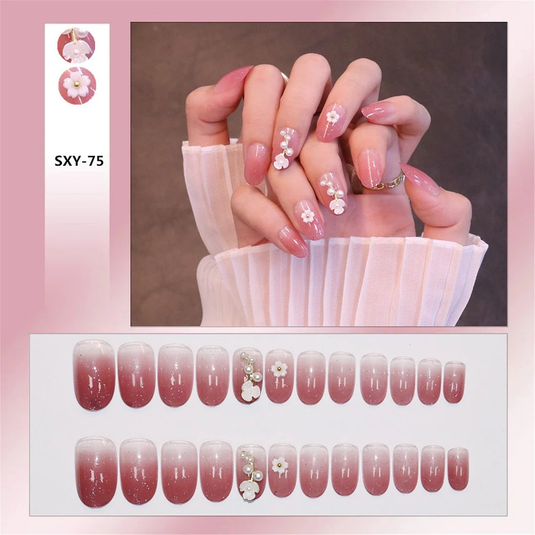 24pcs Pearl Wear Long Paragraph Fashion Manicure Patch False Nails Save Time Wearable Jelly Nail Patch TY-Nail Inspo