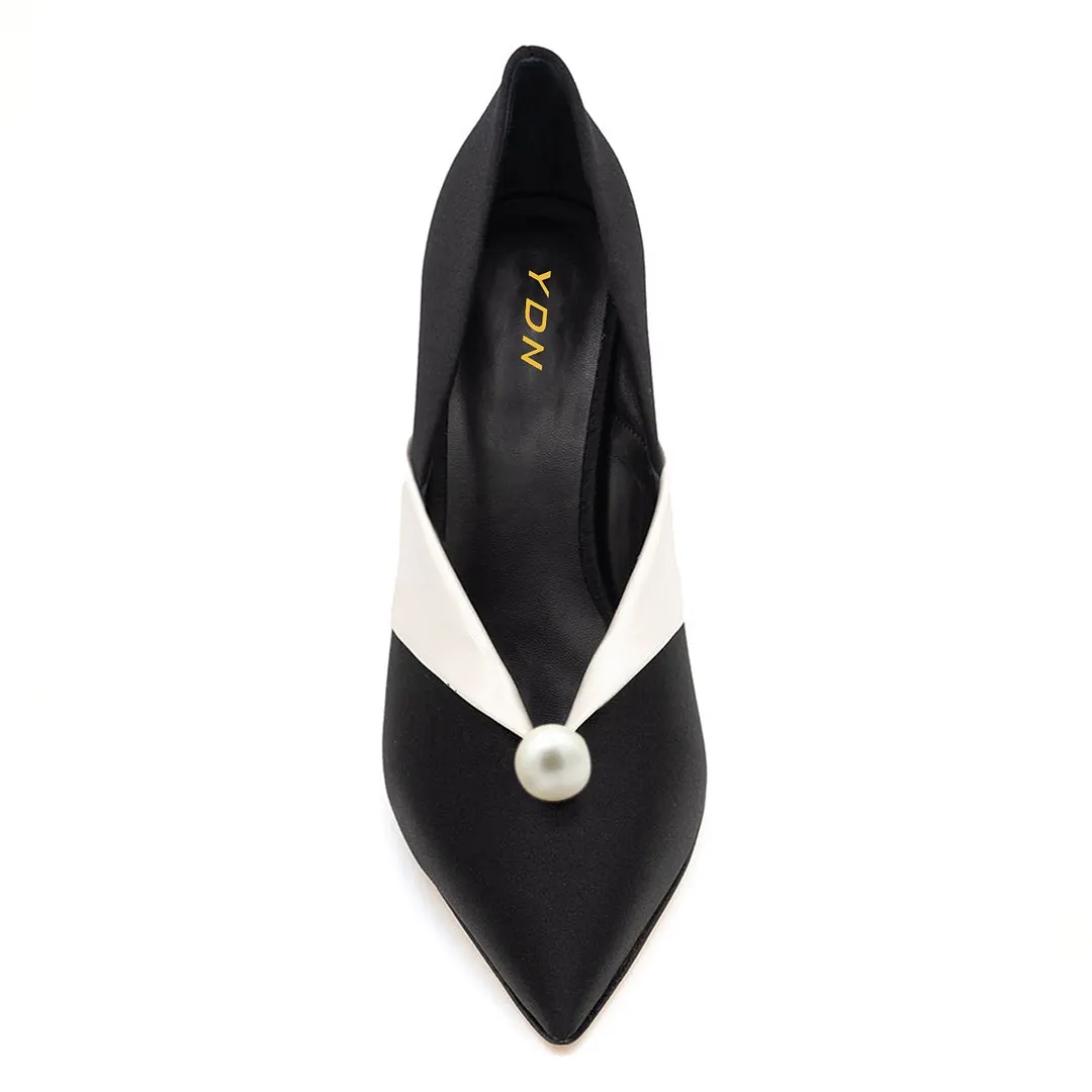 Black & White Satin Pearl Stiletto Heel Fold-Over Pumps for Women
