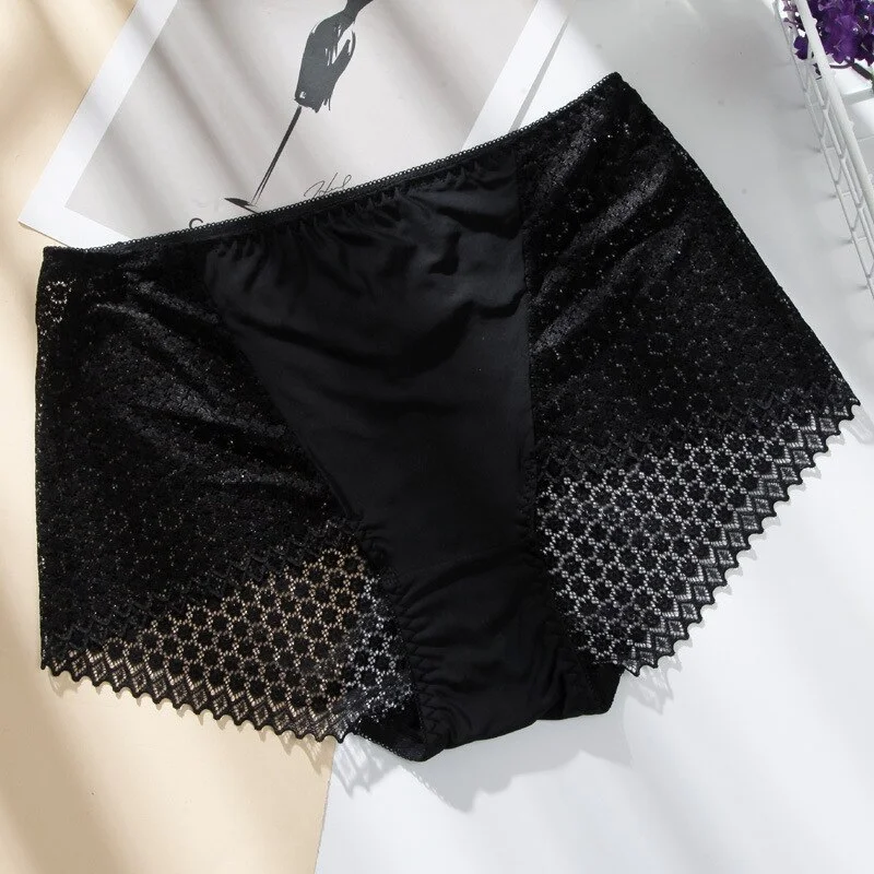 Billionm colors/large size sexy transparent hollow full lace high waist ice silk women's boxer shorts breathable elastic solid color