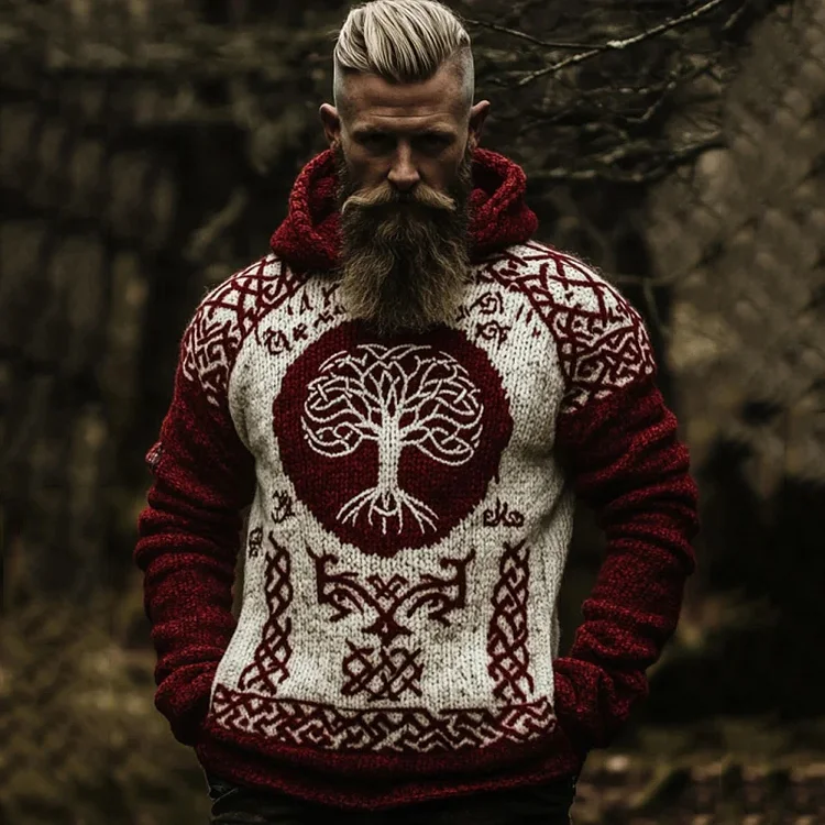 Men's Christmas Tree Of Life Viking Print Color Block Casual Knit Hooded Sweater