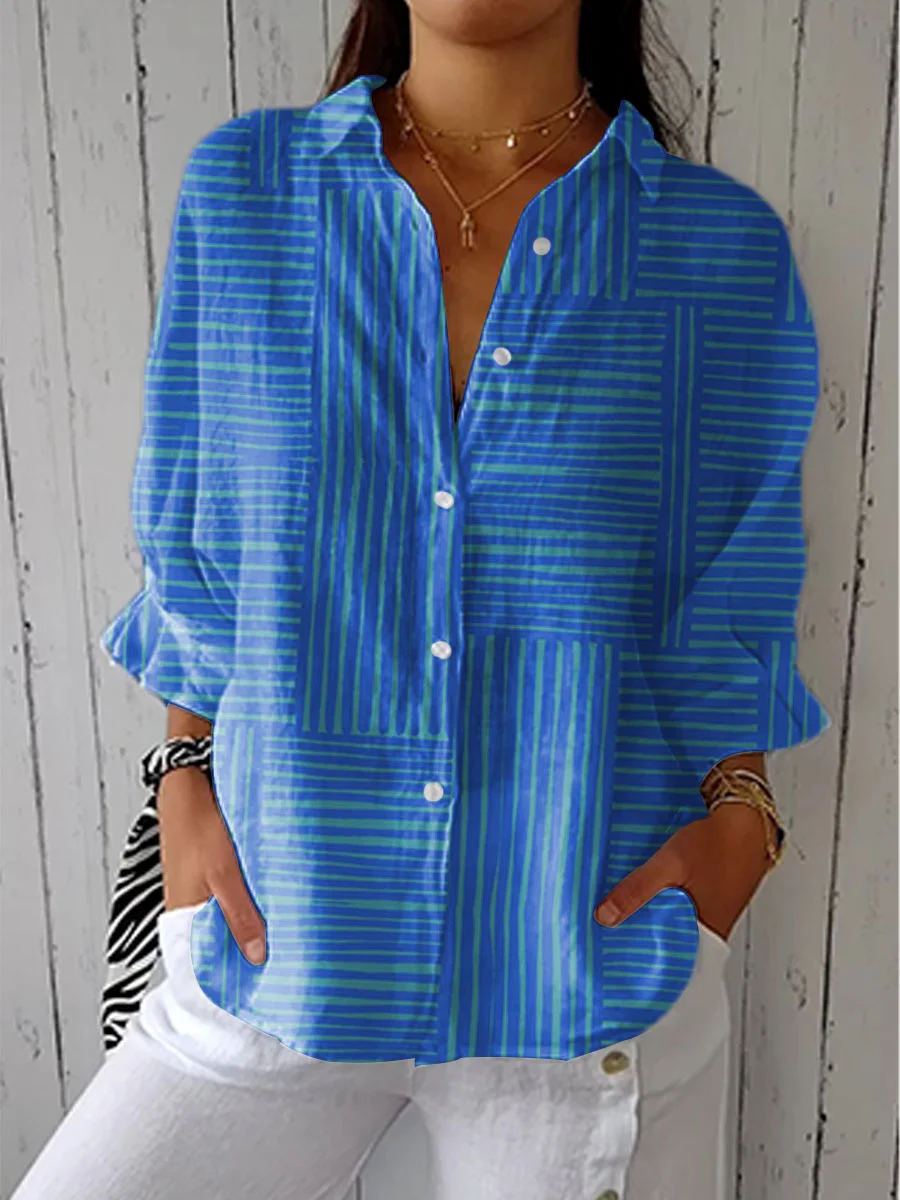 Women's Vintage Colorblock Striped Art Print Casual Linen V-neck Shirt