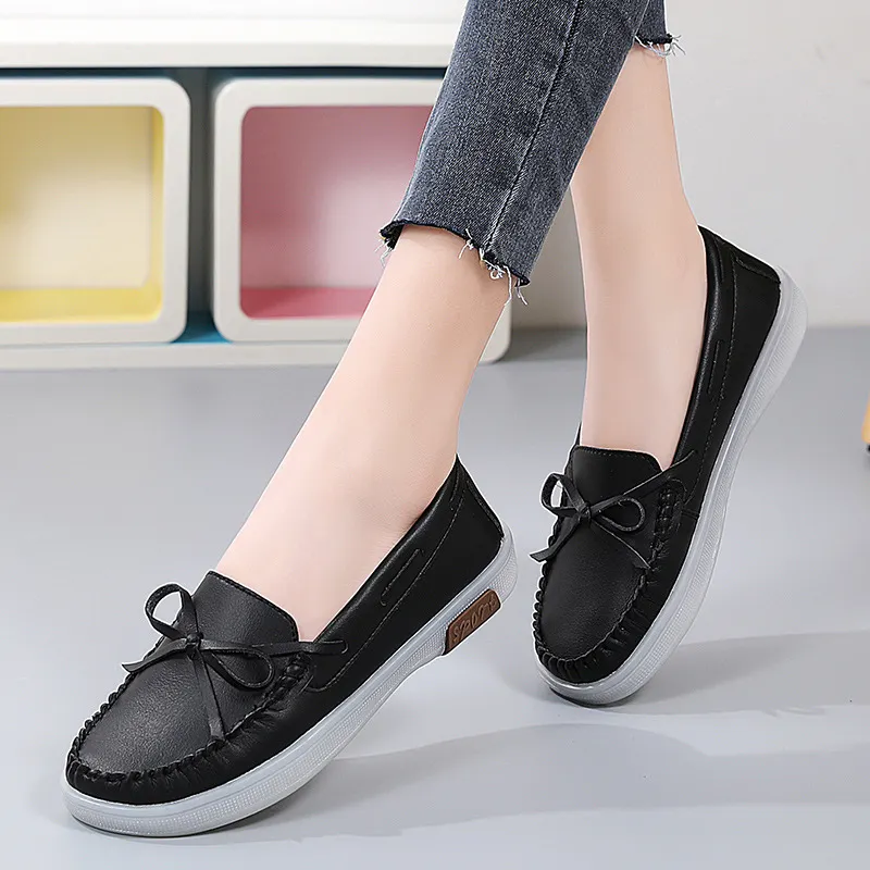 Yyvonne Yyvonne And Autumn Leather Shoes Women One Foot Bow Flat Single Shoes Korean Version Of The Lefu Shoes Casual Lazy Bean Shoes