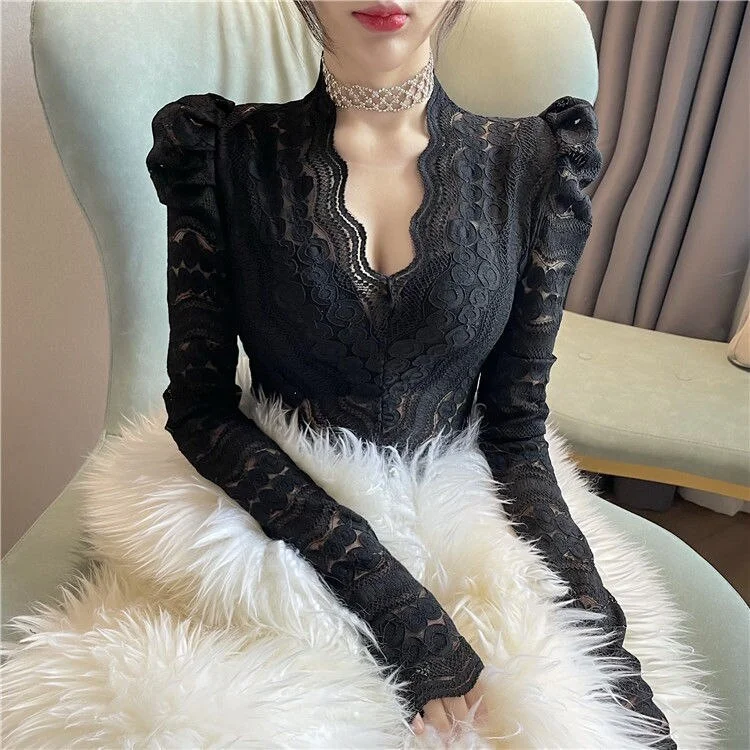 Dark V-Neck Lace Basic Shirts Women Korean Blouse Female Casual Long Sleeve Slim Elegant Sexy Tops Lady 2021 Spring See-through