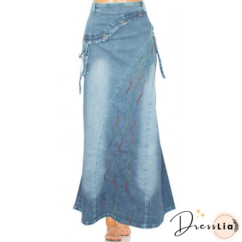 Women Fashion Casaul Stretch Cargo Denim Skirt Bell Skirt Floor Length Washed Denim Jeans Skirt Plus Size