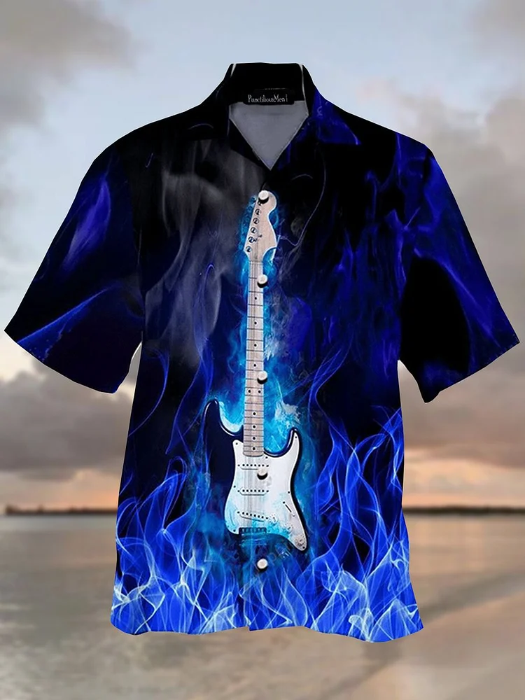 Mens Guitar Print Casual Breathable Short Sleeve Hawaiian Shirts