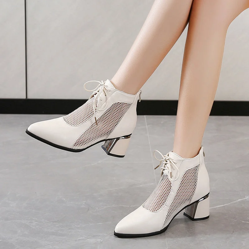 2022 Summer Sexy Black Ankle Boots For Women Mesh Breathable High Heels Botas De Mujer Pointed Toe Thick Heeled Sandals