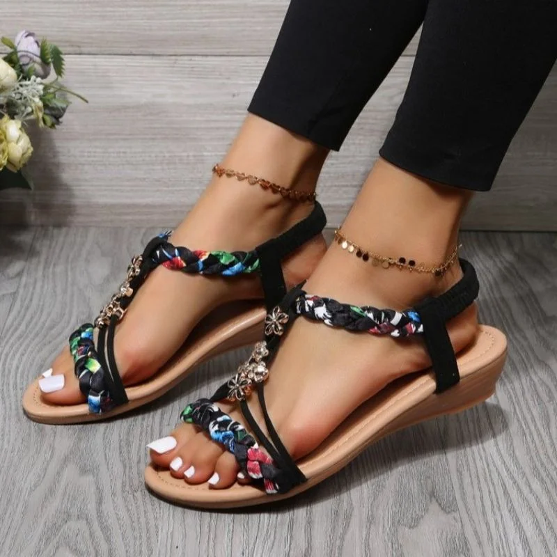 Zhungei Women Wedges Bohemian Sandals Summer 2024 Flower Non Slip Beach Sandalias Mujer Elastic Band Low Heels Roman Shoes Woman