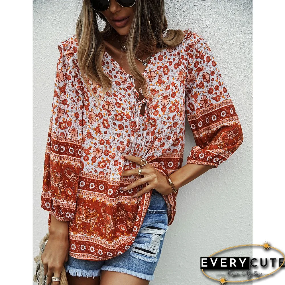 Red Bohemia Style Lace-up Long Sleeve Tops