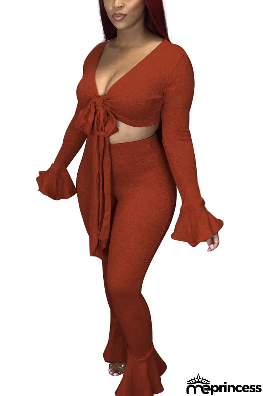 Red Casual Solid V Neck Long Sleeve Flare Sleeve Short Two Pieces