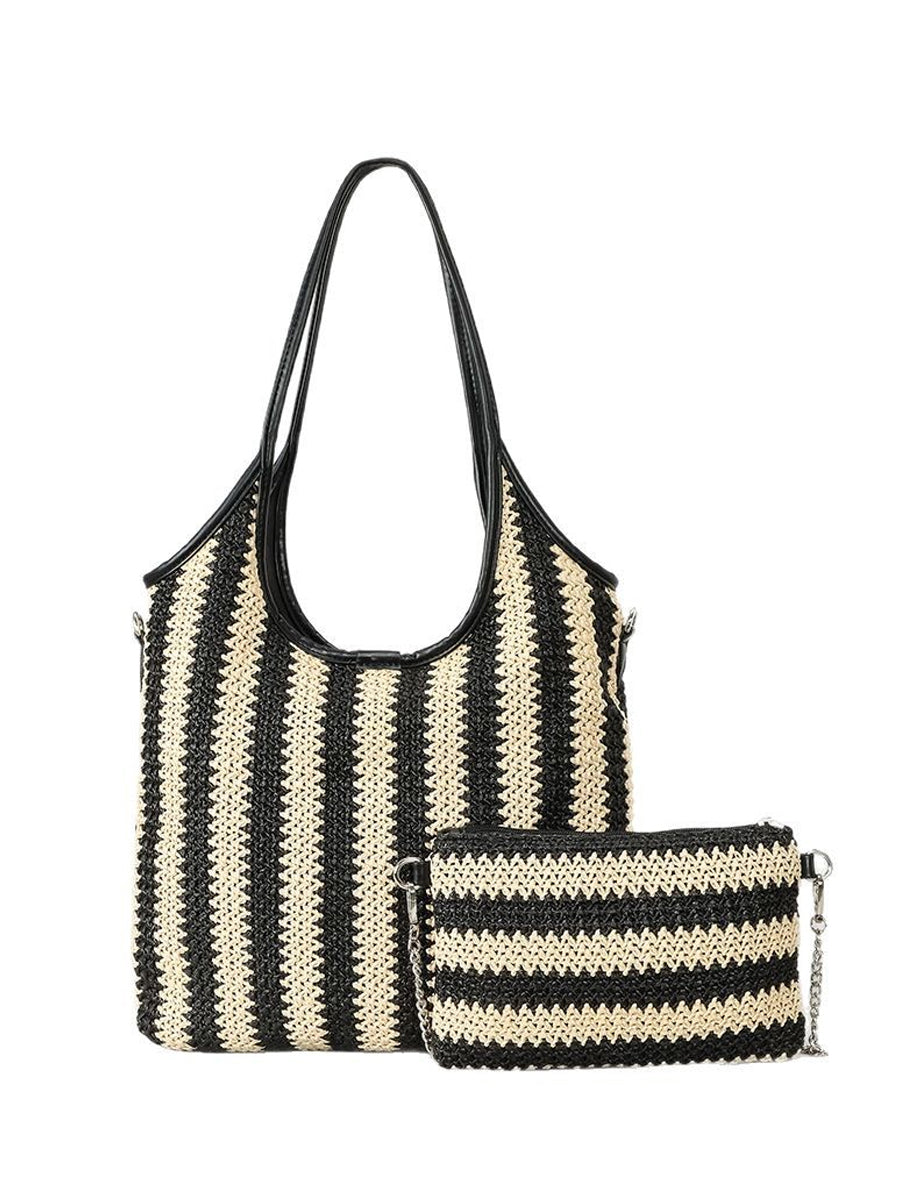 Women's Contrast Striped Vintage Straw Shoulder Bag MDA0831H2Y