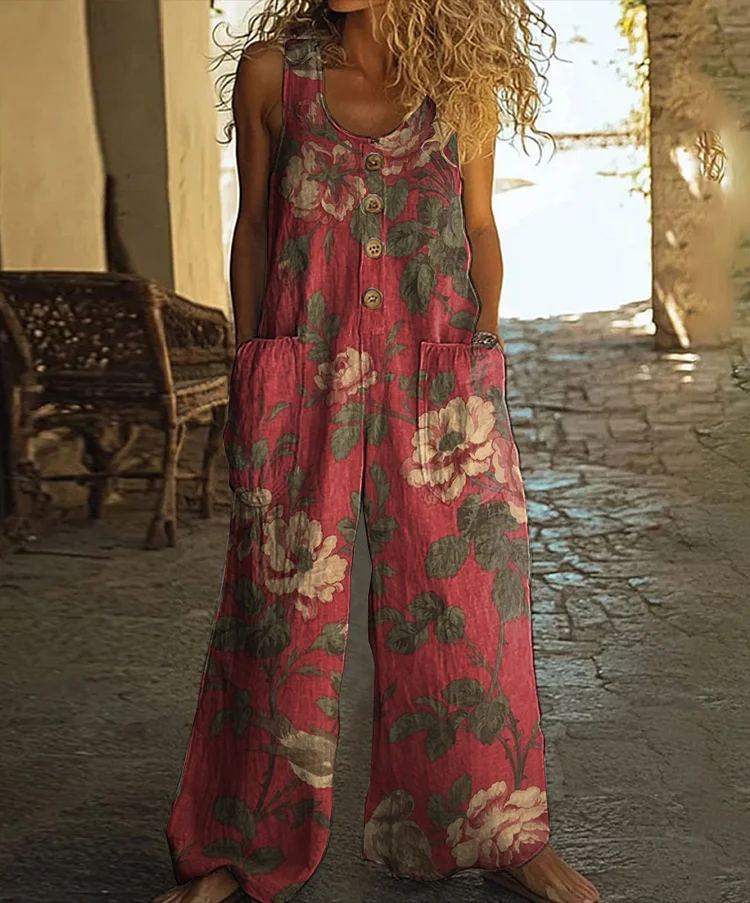 Vintage Floral Print Casual Wide-leg Jumpsuit