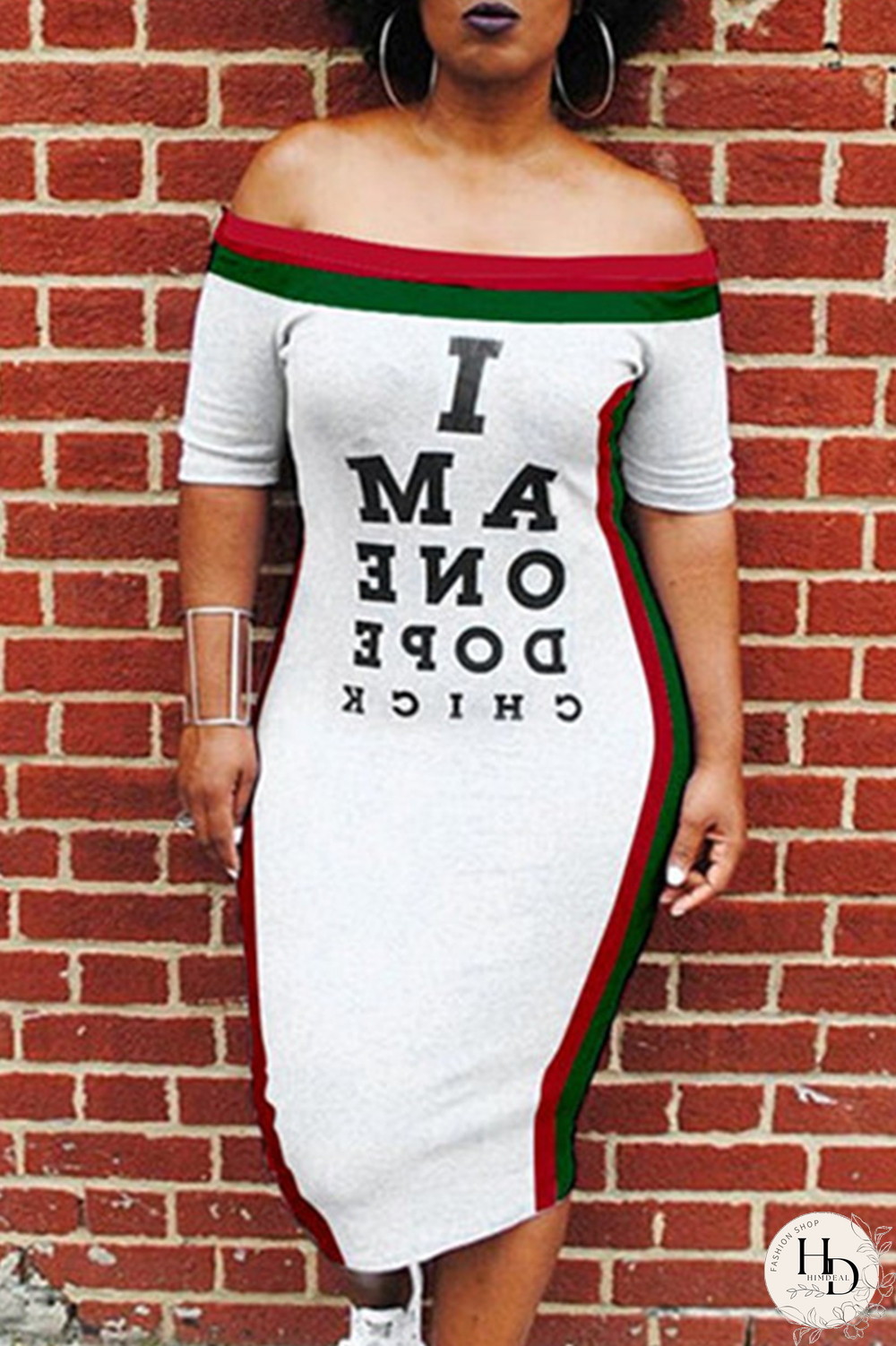 White Sexy Fashion Off The Shoulder Short Sleeves One word collar Step Skirt Mid-Calf Print Patchwork Pri