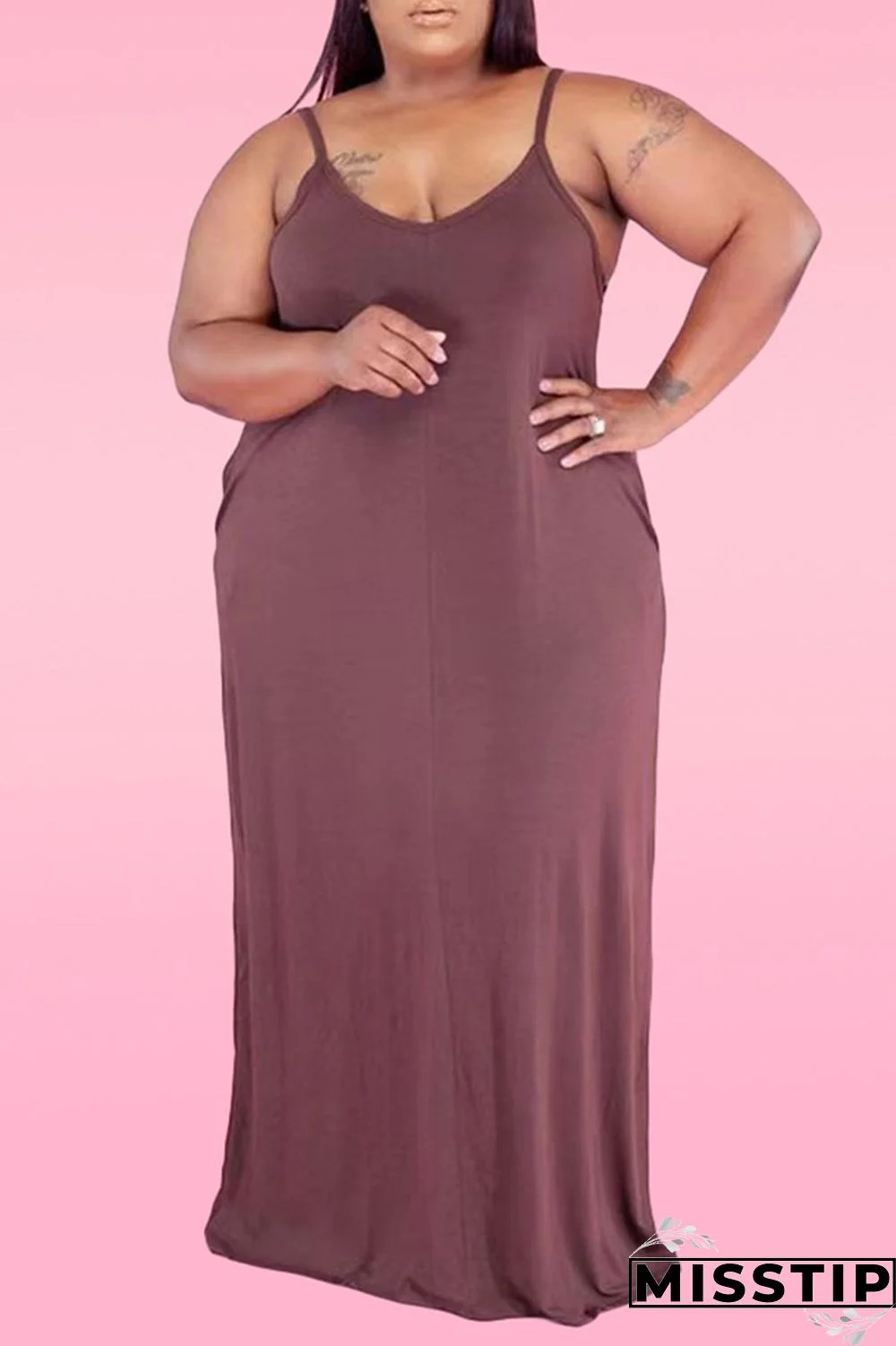 Brown Sexy Casual Plus Size Solid Backless Spaghetti Strap Sleeveless Dress