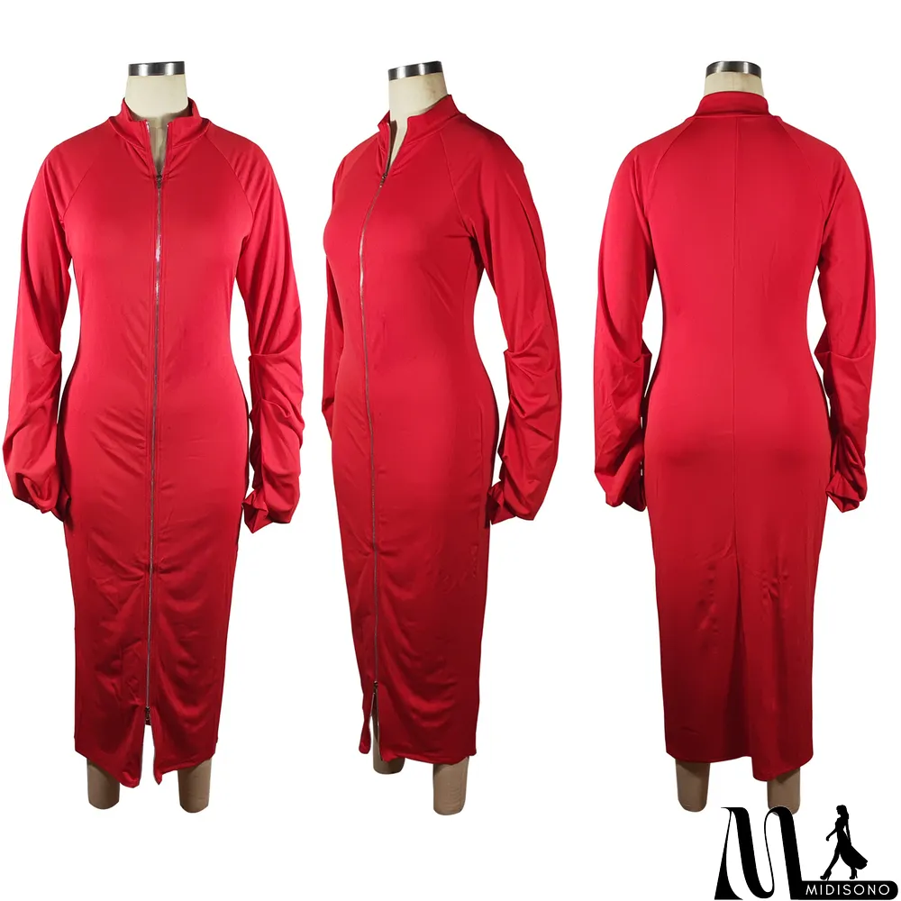 MidiSono - Solid Color Zipper Maxi Dress
