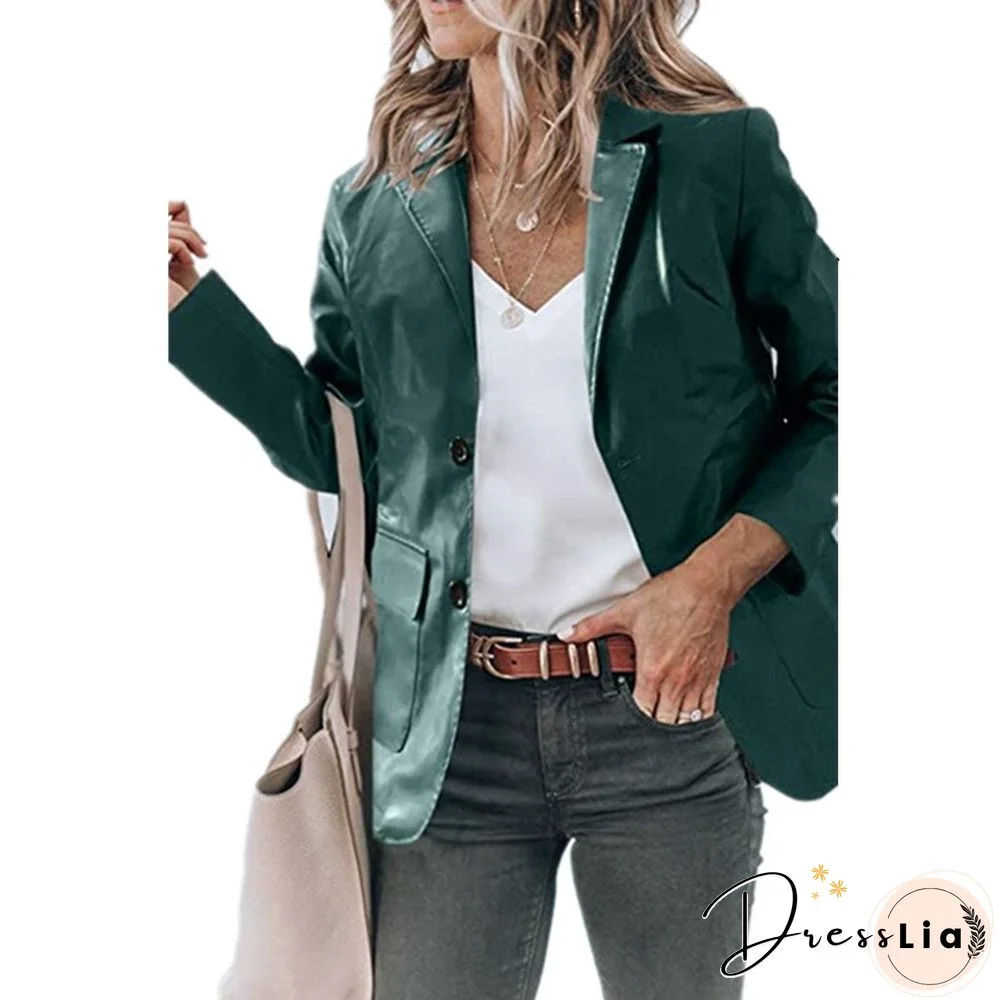 Fashion Leather Jacket Women Temperament Slim Lapel Single-breasted Solid Color PU Leather Long-sleeved Top Jackets