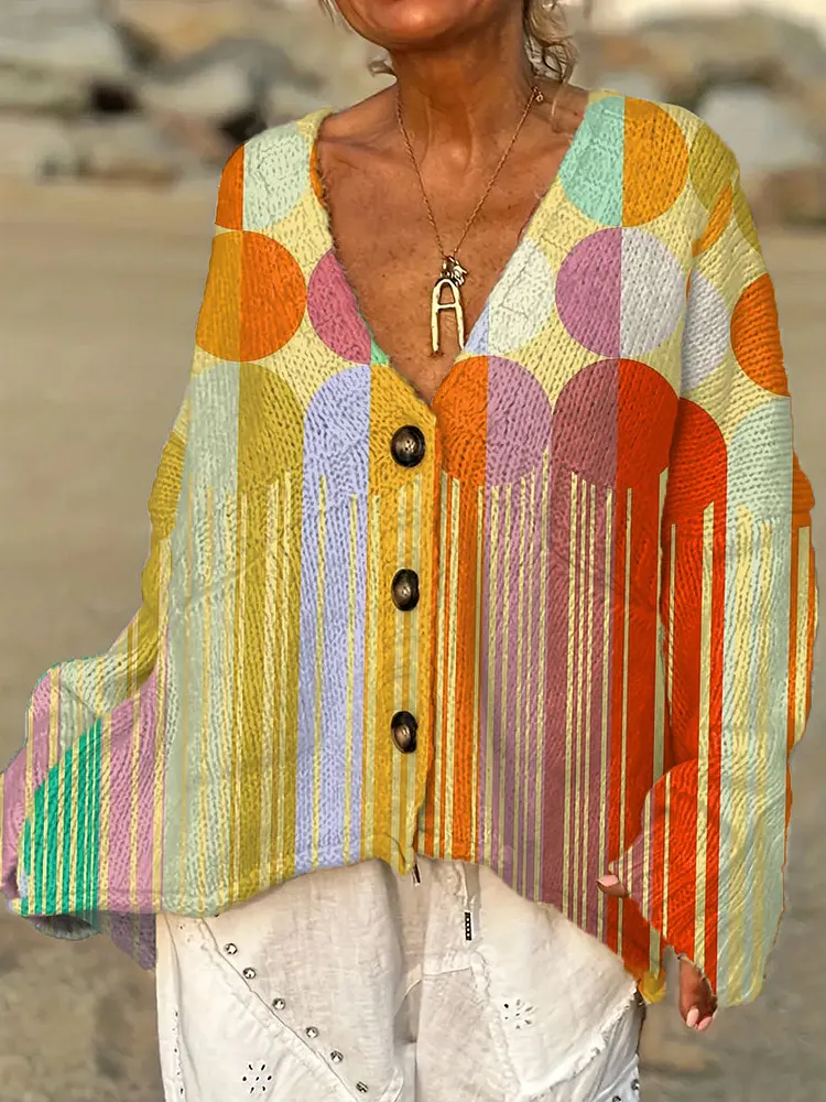 Women's Vintage Abstract Geometric Art Print Casual Pullover Sweater