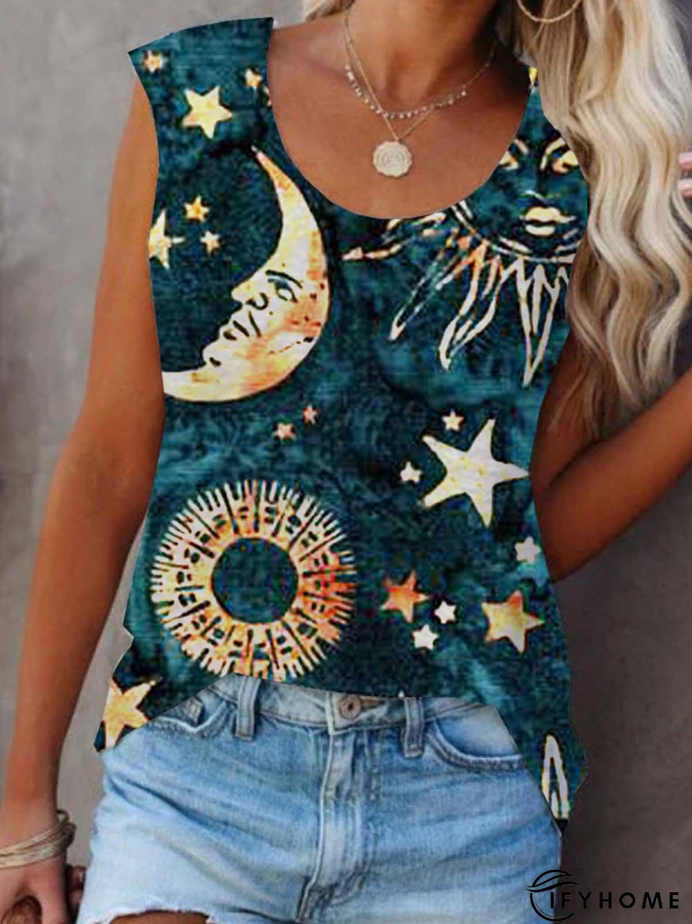 Graphic Sleeveless Printed Cotton-blend Crew Neck Vintage Summer Blue Top | IFYHOME