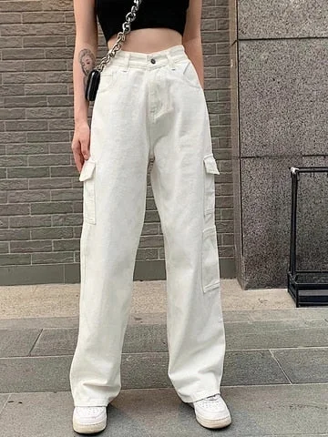 Sweetown White Solid Baggy Jeans Straight Denim Pants Women Korean Fahion Wide Leg Trousers Casual Loose Plus Size Streetwear - Khalesexx