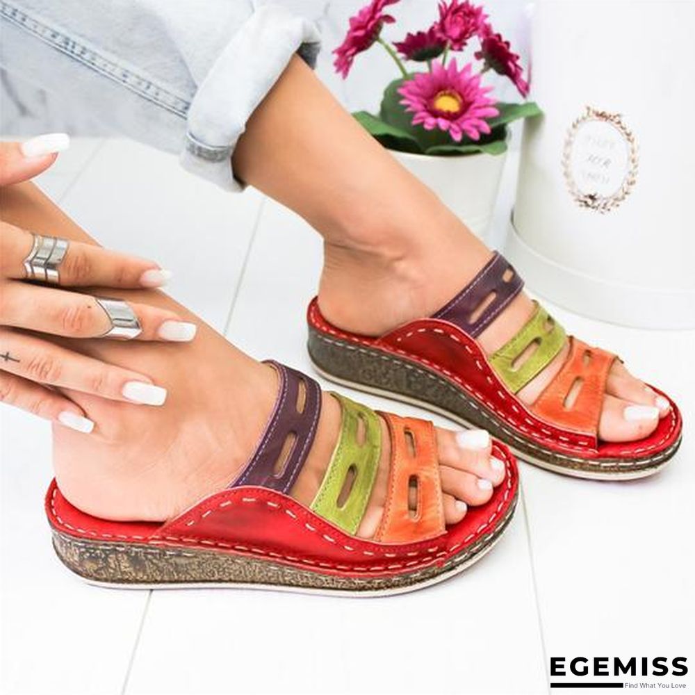 Women Three-color Stitching Casual Low Wedge Heel  Peep Toe Sandals Slippers Shoes | EGEMISS