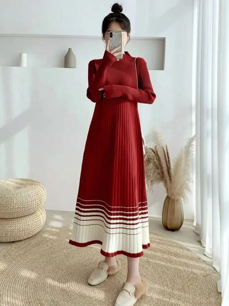 Autumn Winter New Women's Striped Knitting Pullover Dress Women's High Waist Loose Korean Fashion Long Sleeve Knitting Dress Top