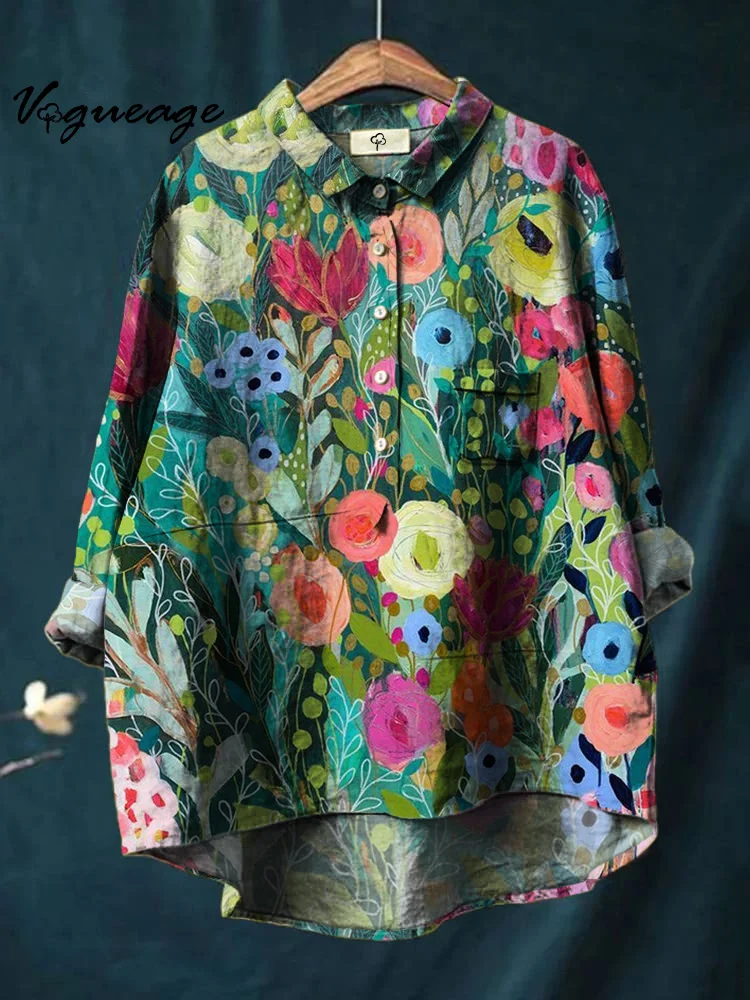 Colorful Oil Painting Plants And Flowers Printed Cotton And Linen Shirt