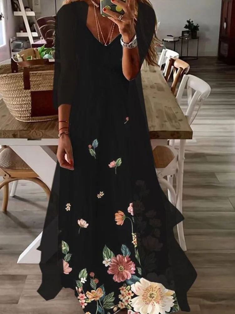 Floral Printed Maxi Dress With Cardigan 2 Pieces Suit
