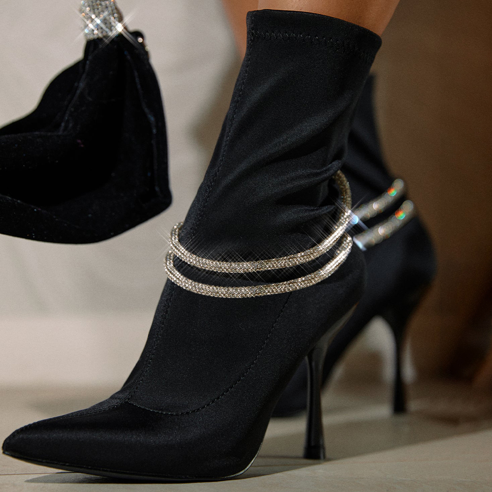 Black Pointed Toe Spool Heel Rhinestone Strap Sock Booties for Women Nicepairs