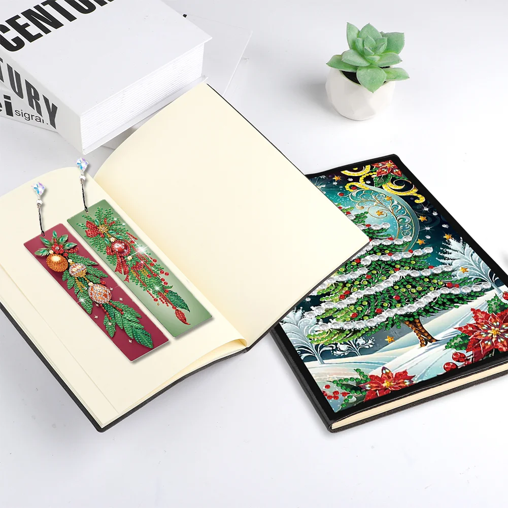 Christmas Tree A5 Size Diamond Painting Notebook Set with 4Pcs Bookmark Gift