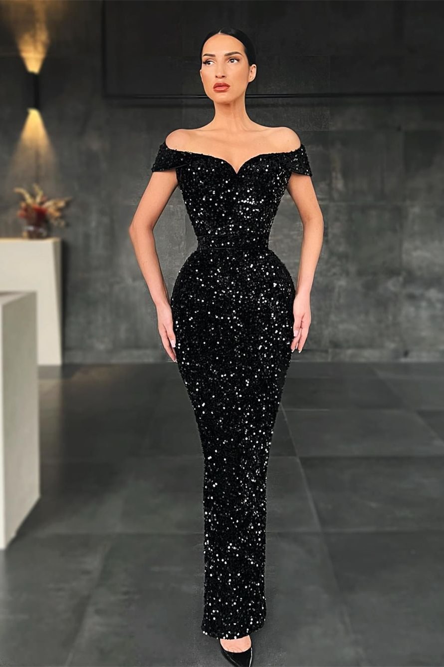 Gorgeous Black Off-the-Shoulder Mermaid Prom Dress Sequins - lulusllly