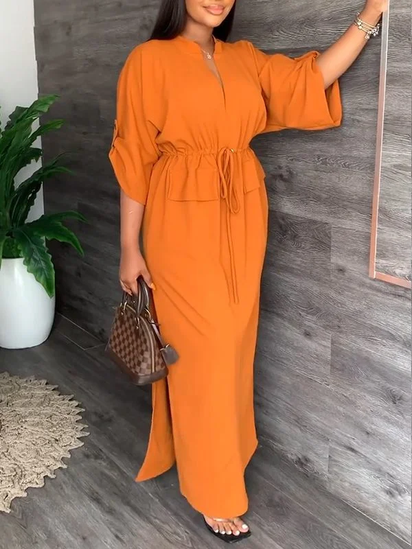 Womens Holiday Dress V-Neck Drawstring Slit Dress