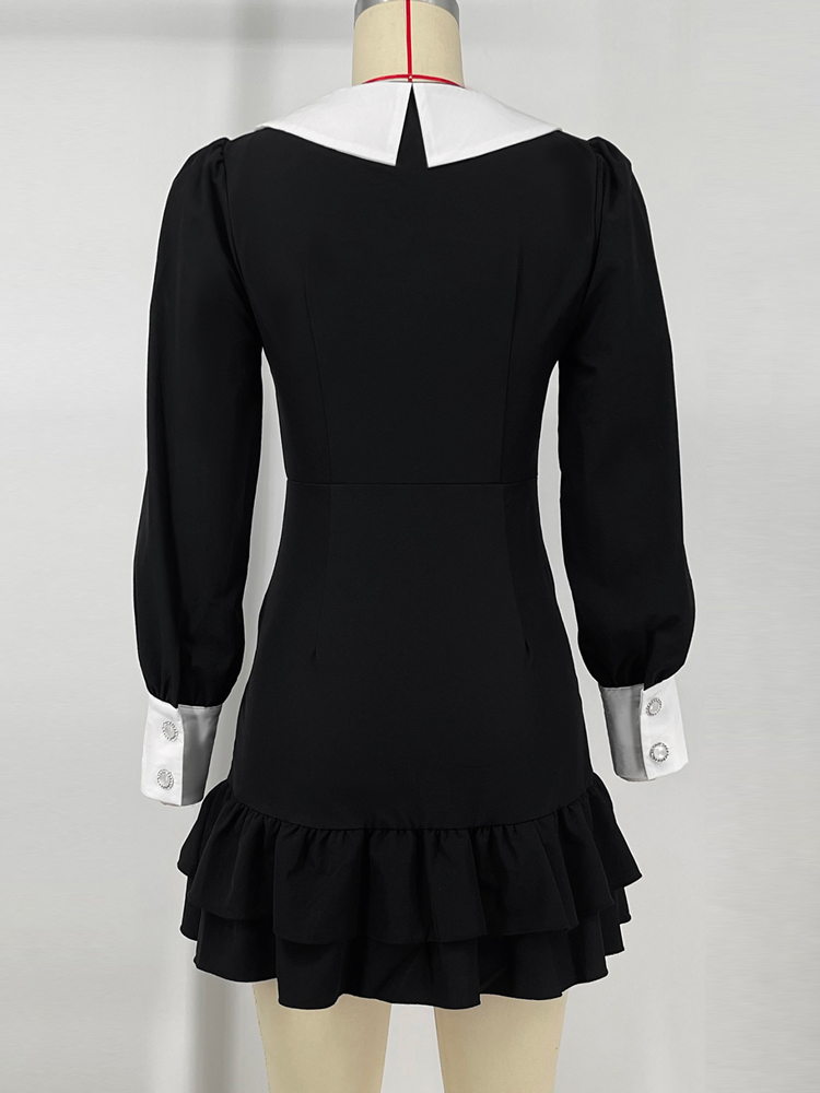 Ootddress Black Ruffled Patchwork Mini Dress For Women High Waist V-Neck Slim Fashion Elegant Party Dress Gown Women's Sexy Dress