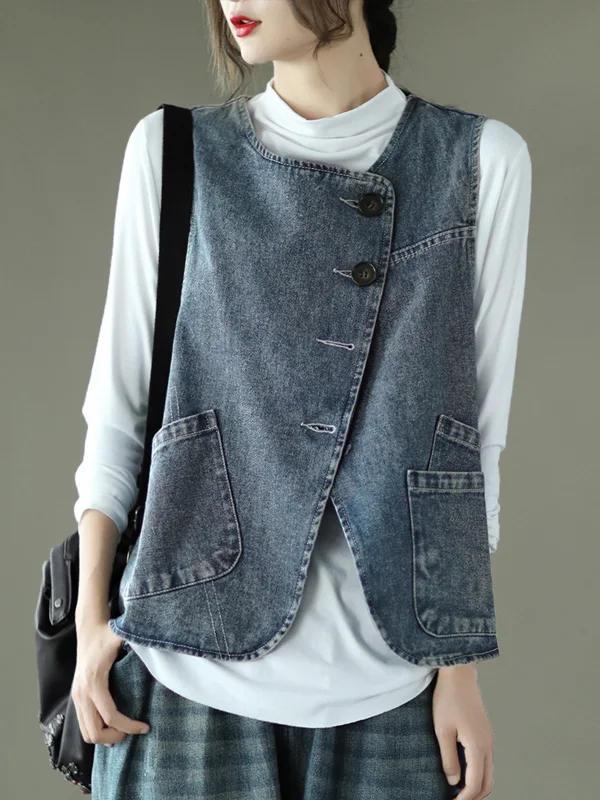 Vintage Pure Color Buttoned Asymmetric Split-Joint Denim Vest Outwear