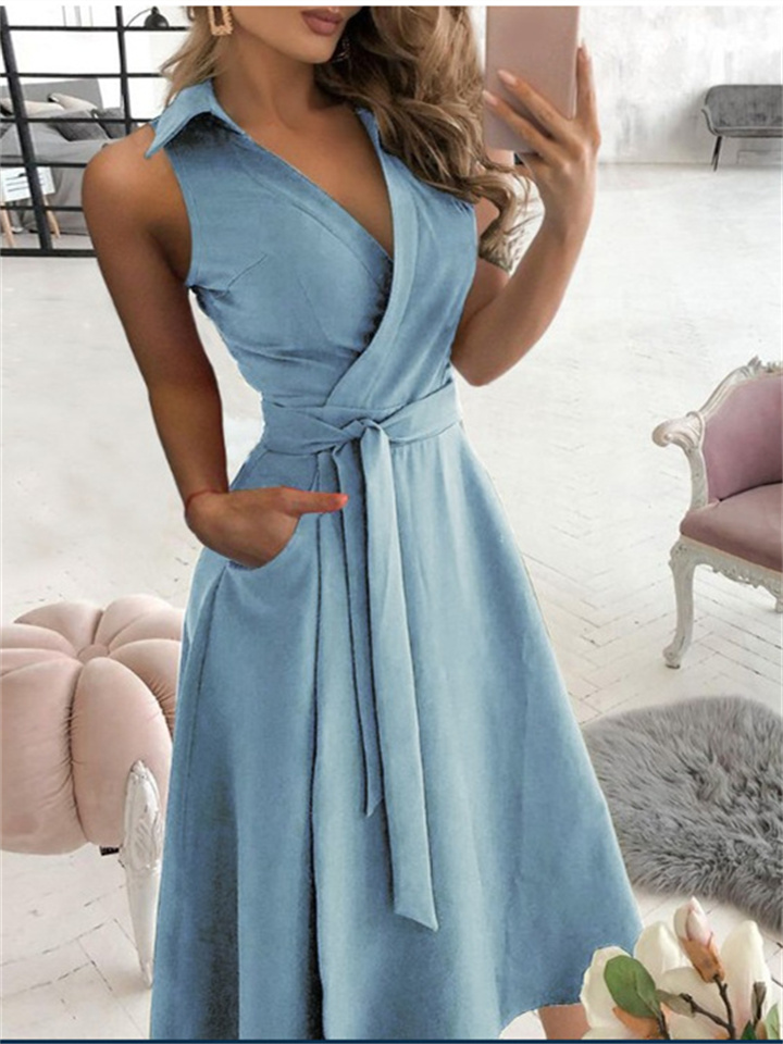 New Fashion Solid Color V-neck Tight Waist Sleeveless Casual Folded Sleeveless Ladies A-line Dress Sensible Wind Dress