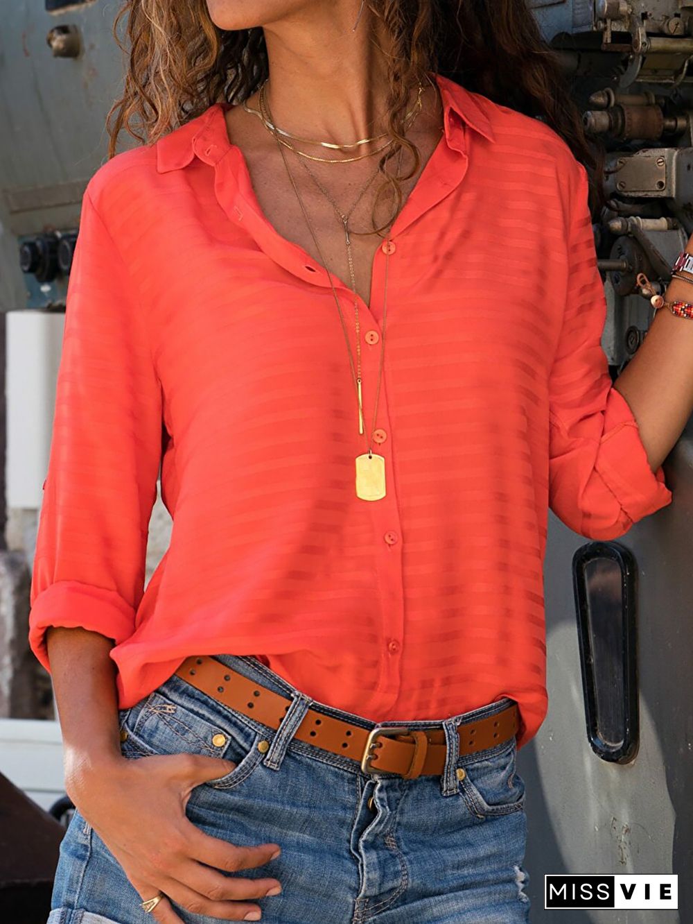 Women Striped Casual Autumn Micro-Elasticity Daily Loose Regular Shirt Collar Regular Size Blouse