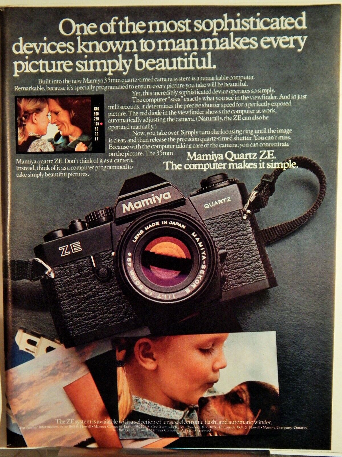 MAMIYA QUARTZ ZE SLR CAMERA / MYERS'S RUM ORIG VTG 1980 Photo Poster painting AD,