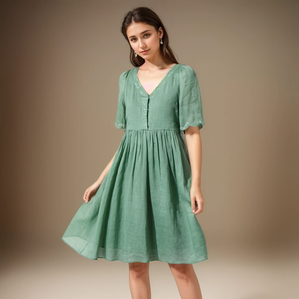 Robe Brodée Pure Ramie Col V Longueur Moyenne- SOIE PLUS