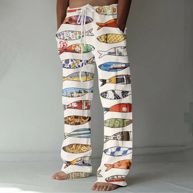 Japanese Fish Art Graphic Linen Blend Casual Pants