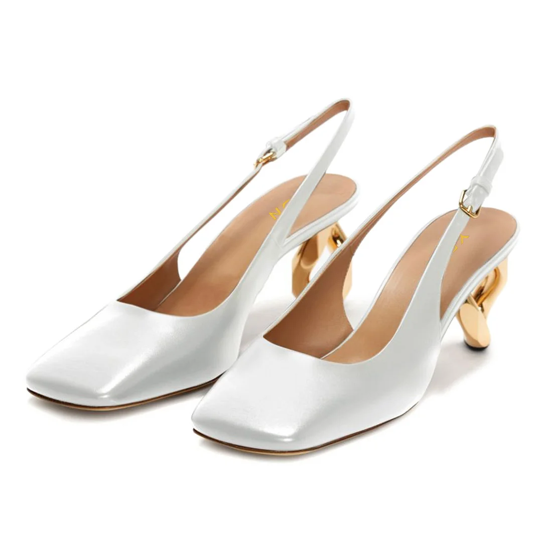 White Wedding Sculptural Heel Square Toe Slingback Pumps for Women