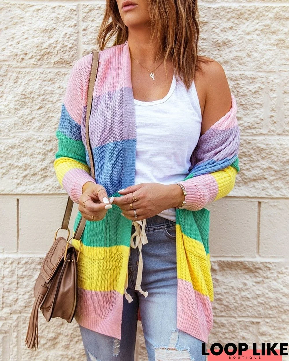 Striped Print Color Block Pocket Design Long Sleeve Cardigan