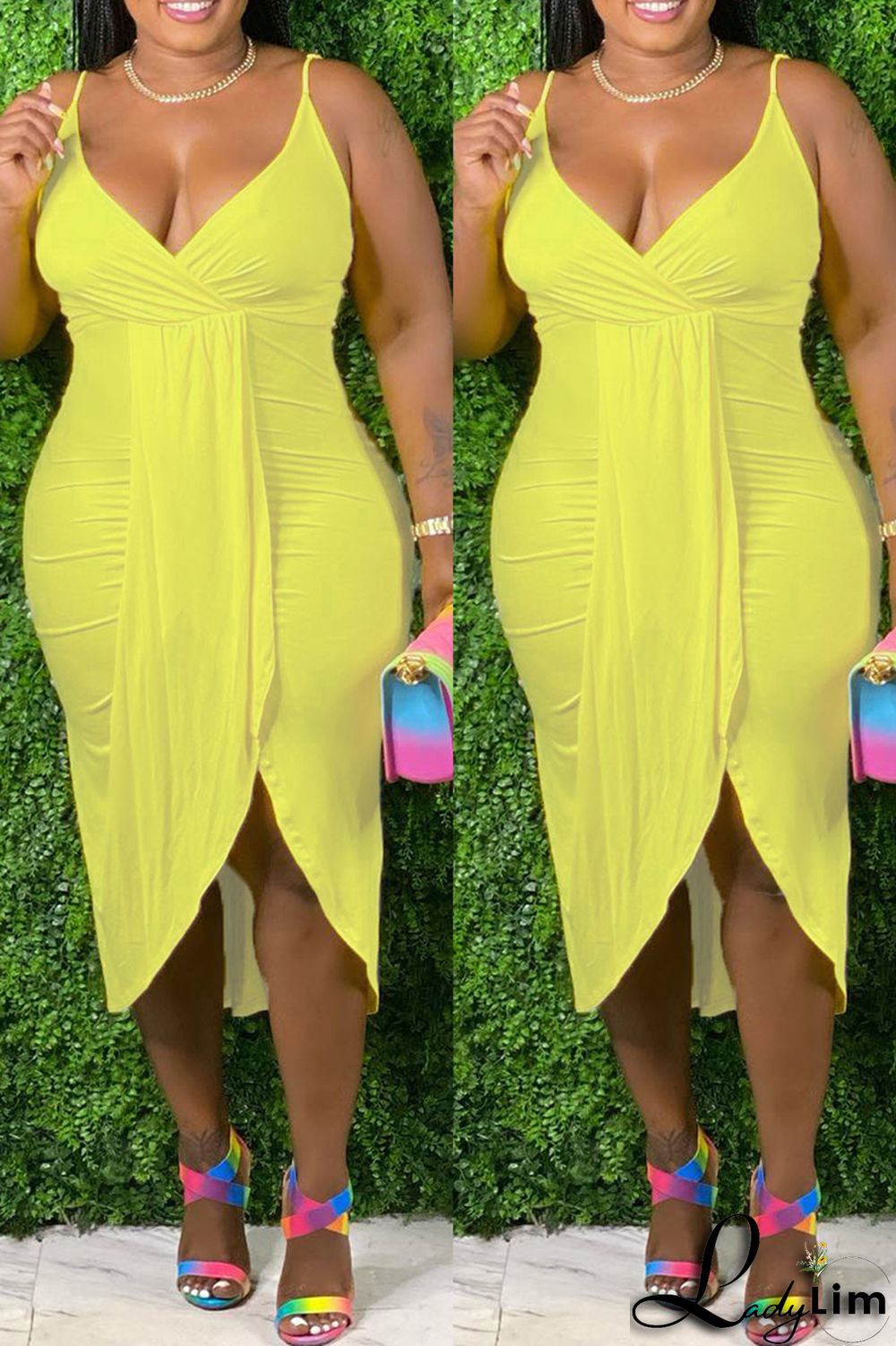 Black Fashion Sexy Plus Size Solid Patchwork V Neck Sling Dress