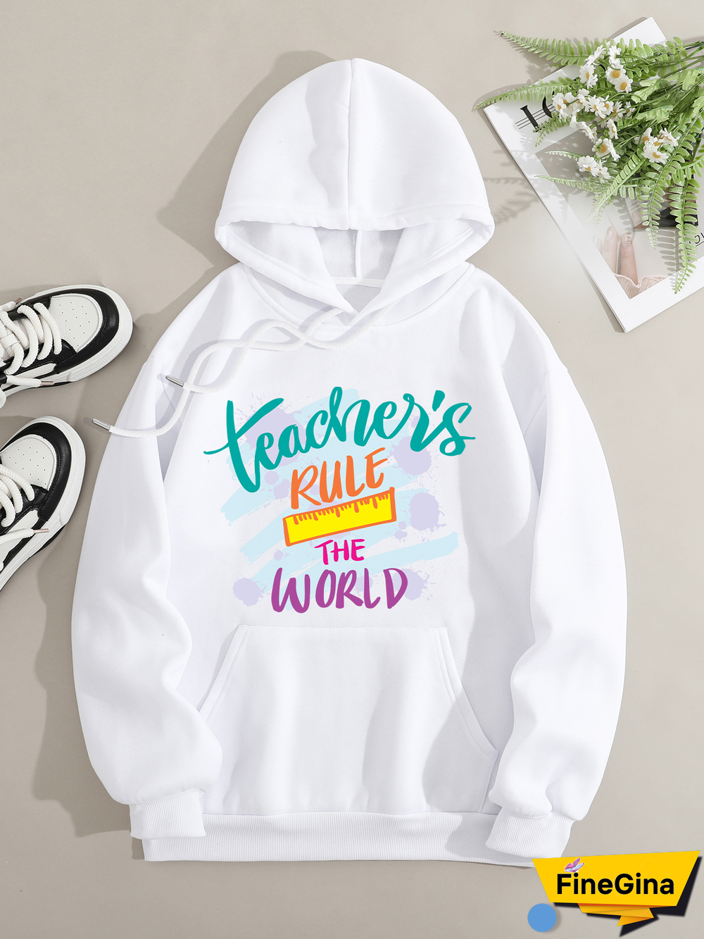 Printed on front Kangaroo Pocket Hoodie Long Sleeve for Women Pattern Teacher rule the world