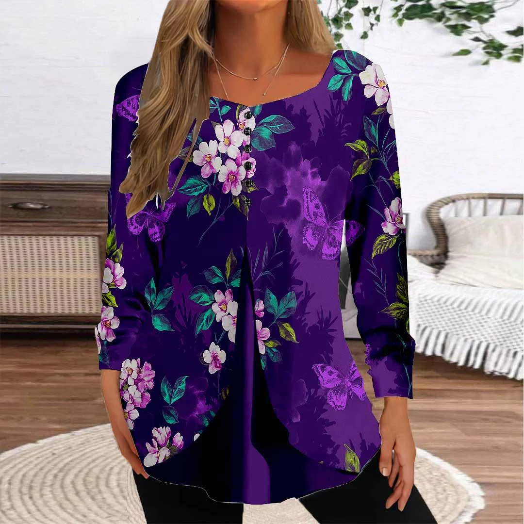 Women Floral,Purple DZGG8355 Long Sleeve Scoop Neck Printed Graphic Button Fake 2in1 Tops