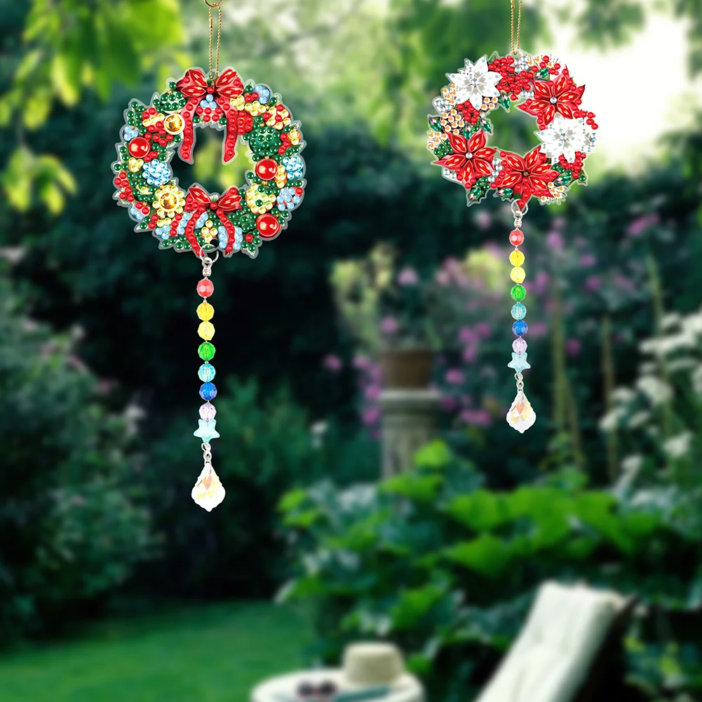 2pcs DIY Wreath Suncatcher Diamond Painting Art Pendant Christmas Home Windows Decor