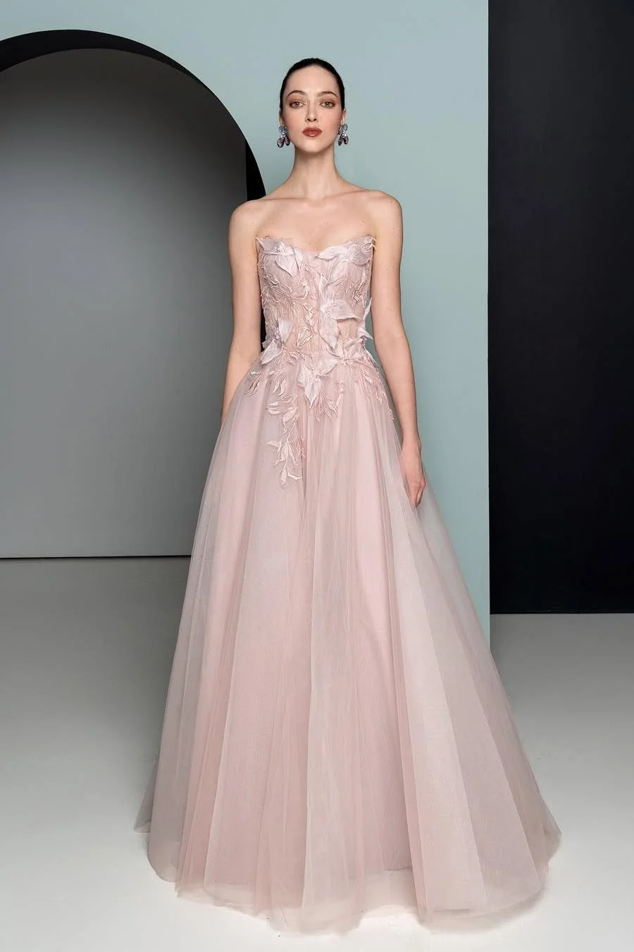 Miabel Beautiful Blushing Pink Tulle Sleeveless Strapless A Line Prom Dress with Applique  