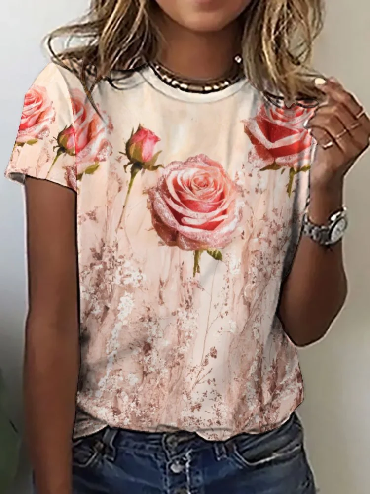 Printed Short Sleeve Casual T-shirt for  Women and Men Unisex Pattern Floral,Glitter,Pink
