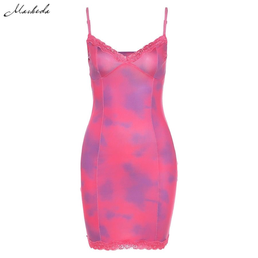 Macheda Summer Red Sexy Lace Sling Dress Women Fashion Printing V Neck Sleeveless Clothing Y2K Lady Slim Mini Dresses 2021 New