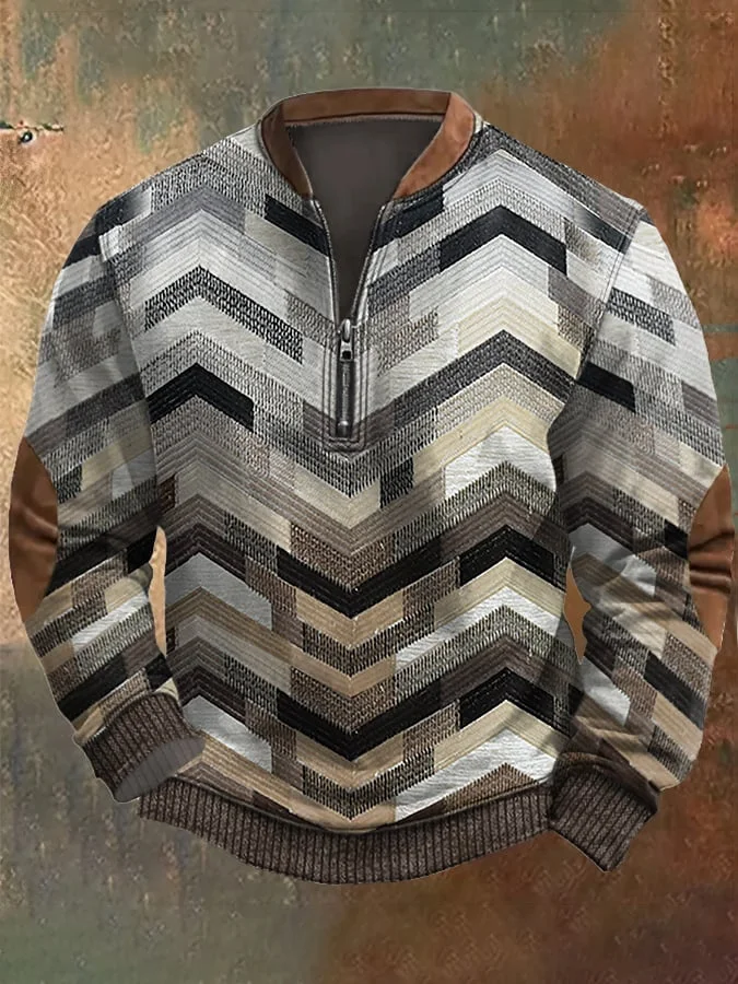Men'S Retro Print Casual Zip Sweater