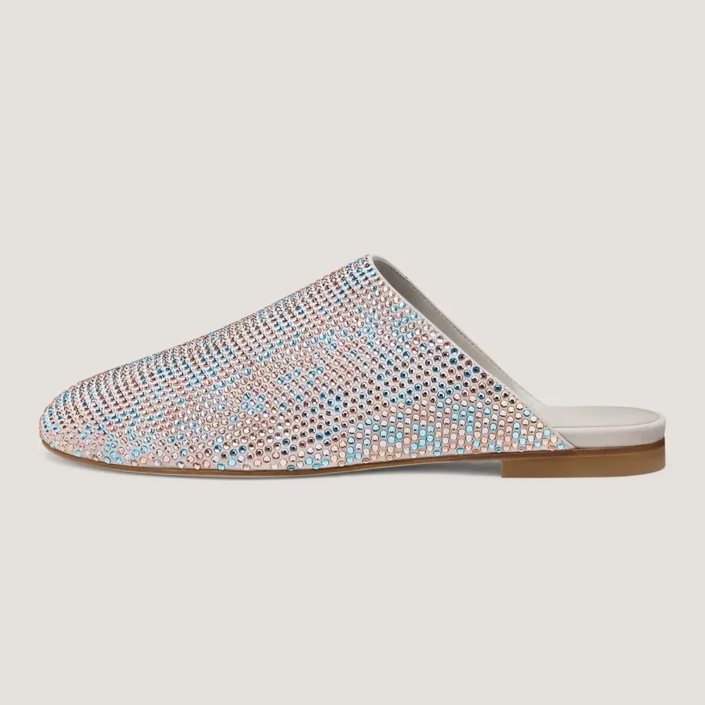 Vegan Suede Colorful Rhinestone Round Toe Slip On Flat Mules